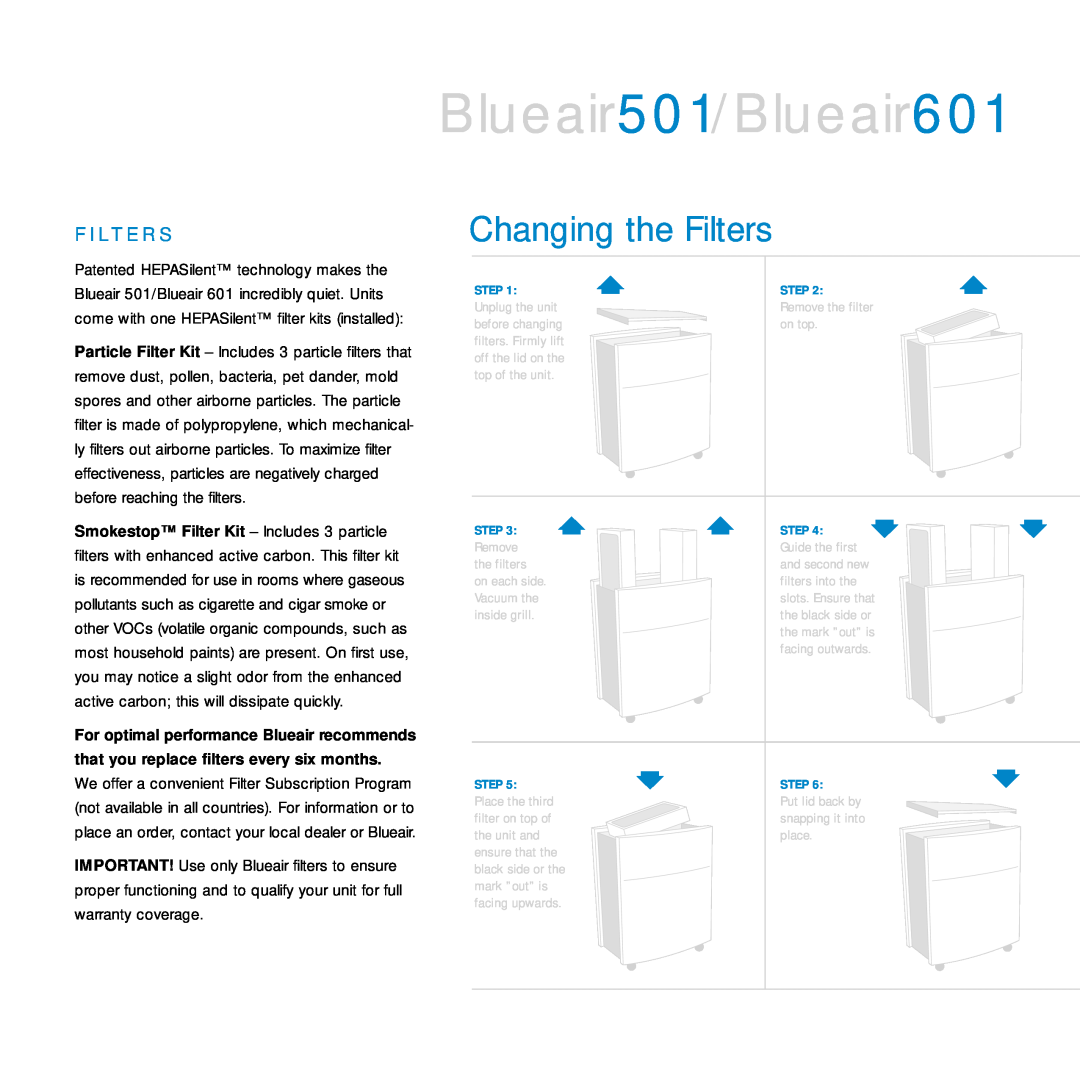 Blueair manual Changing the Filters, Blueair501/Blueair601, F I L T E R S 
