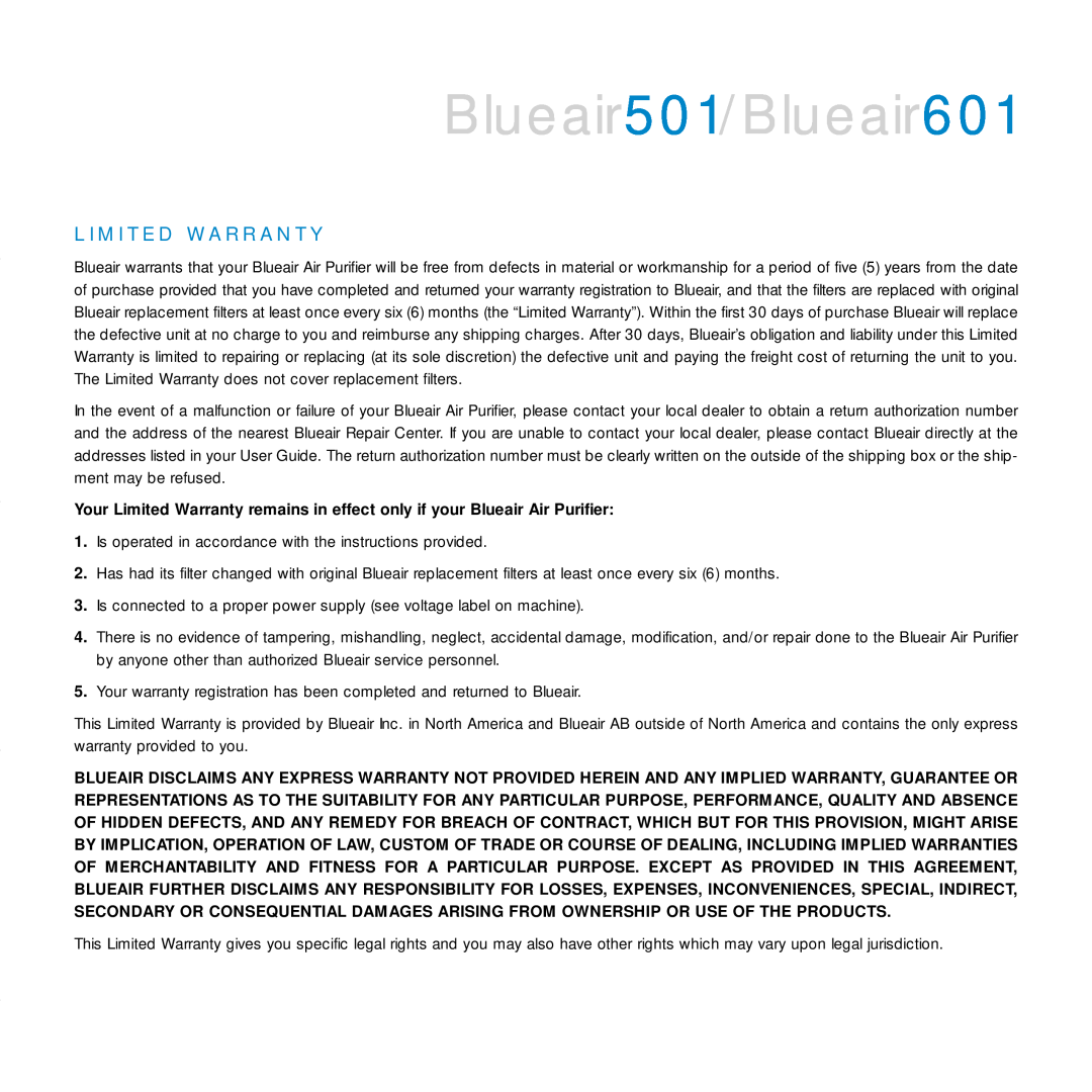 Blueair manual Blueair501/Blueair601, L I M I T E D W A R R A N T Y 