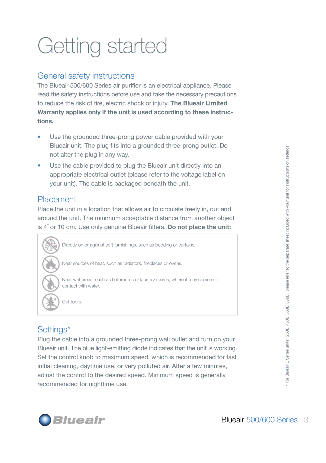 Blueair 500, 600 user manual Getting started, General safety instructions, Placement, Settings 