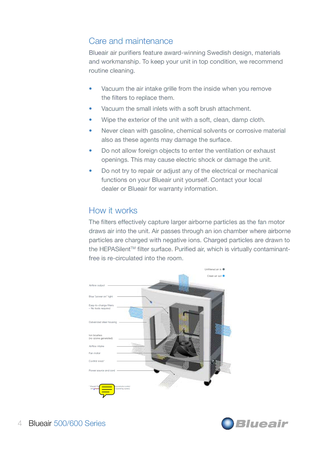 Blueair 600, 500 user manual Care and maintenance, How it works 