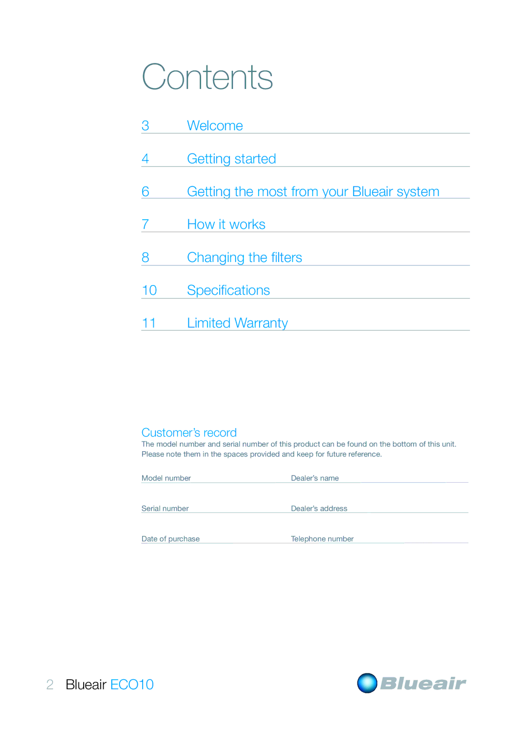 Blueair ECO10 user manual Contents 