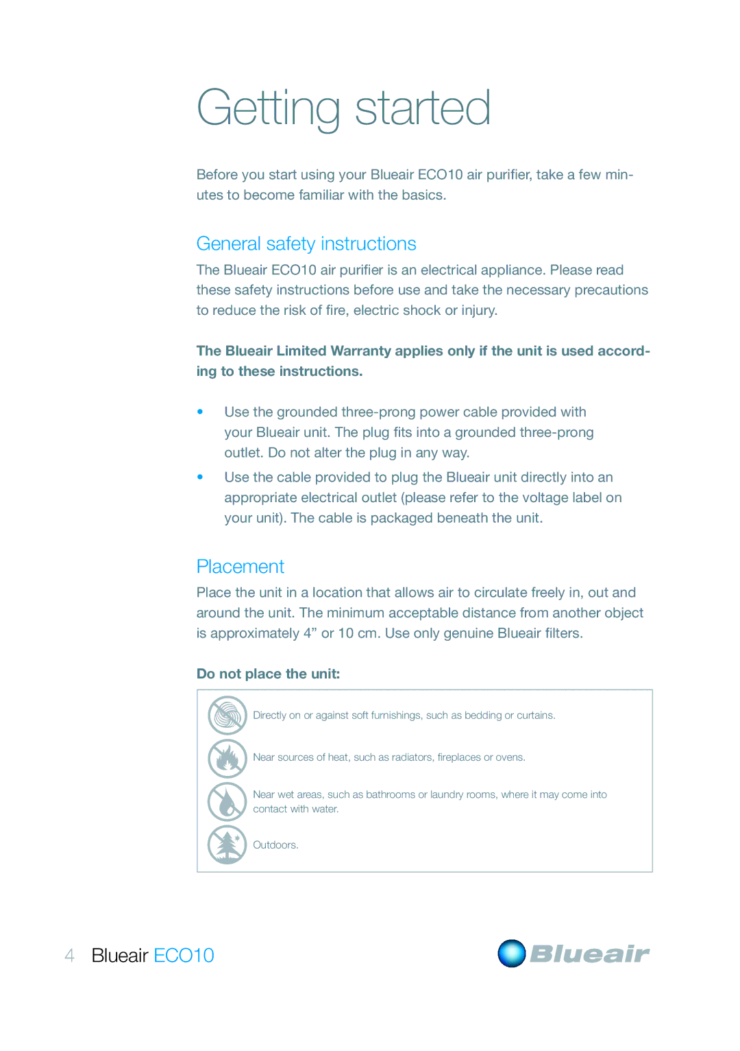 Blueair ECO10 user manual Getting started, General safety instructions, Placement 