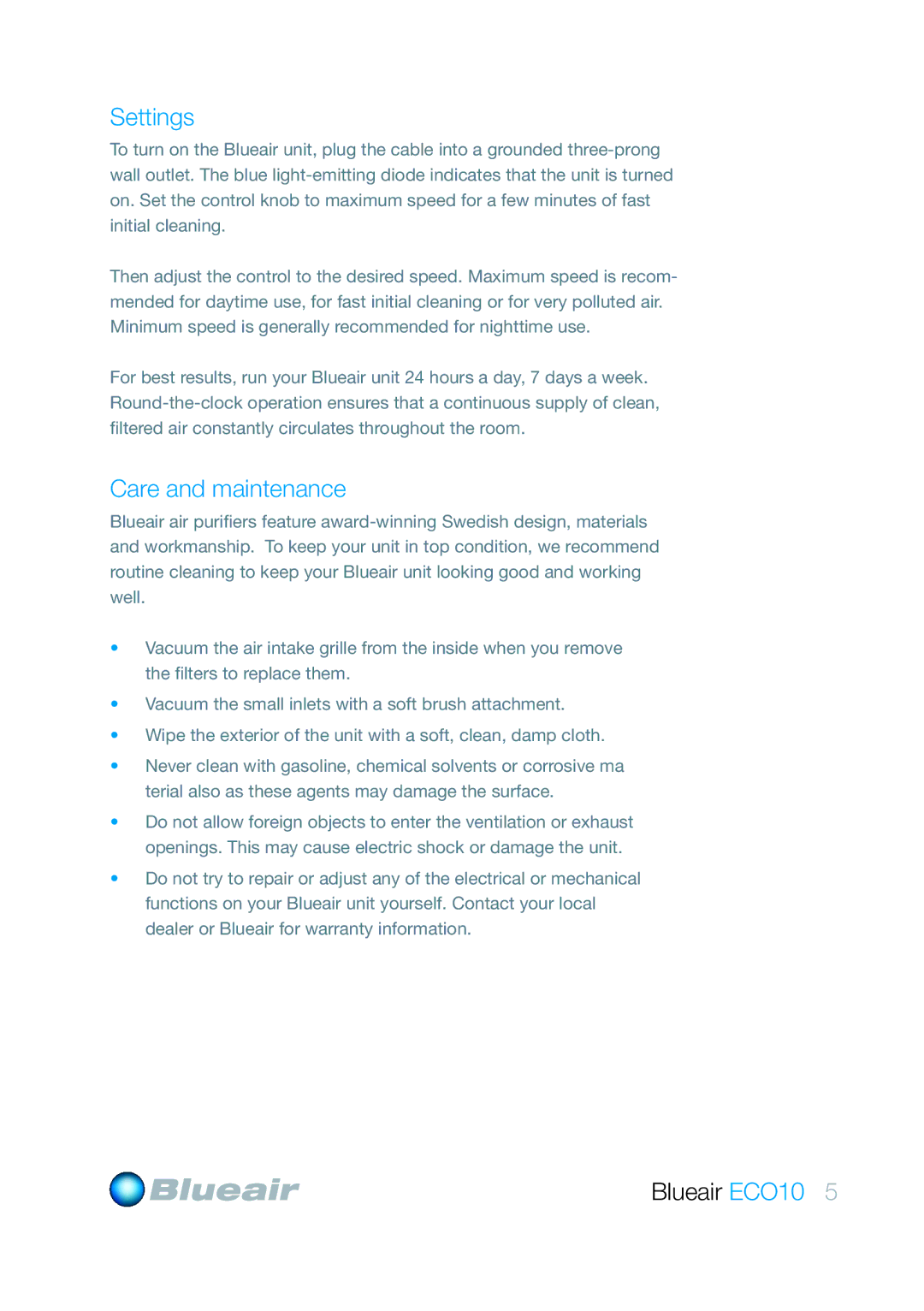 Blueair ECO10 user manual Settings, Care and maintenance 