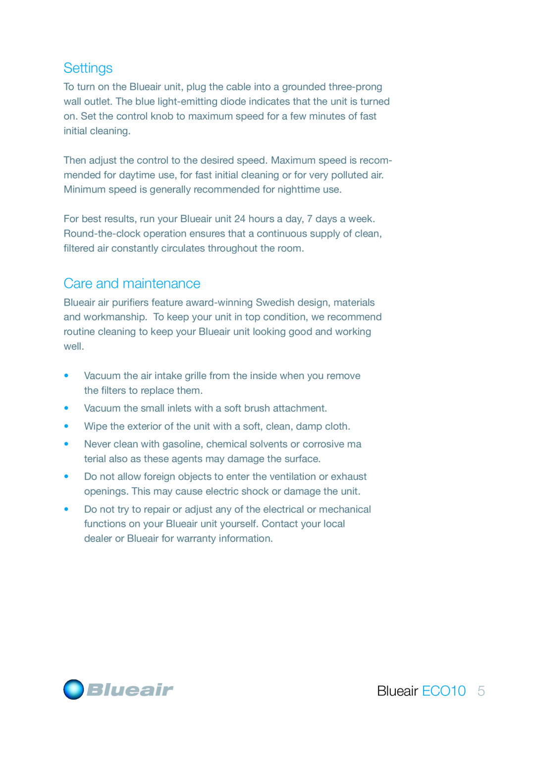 Blueair user manual Settings, Care and maintenance, Blueair ECO10 