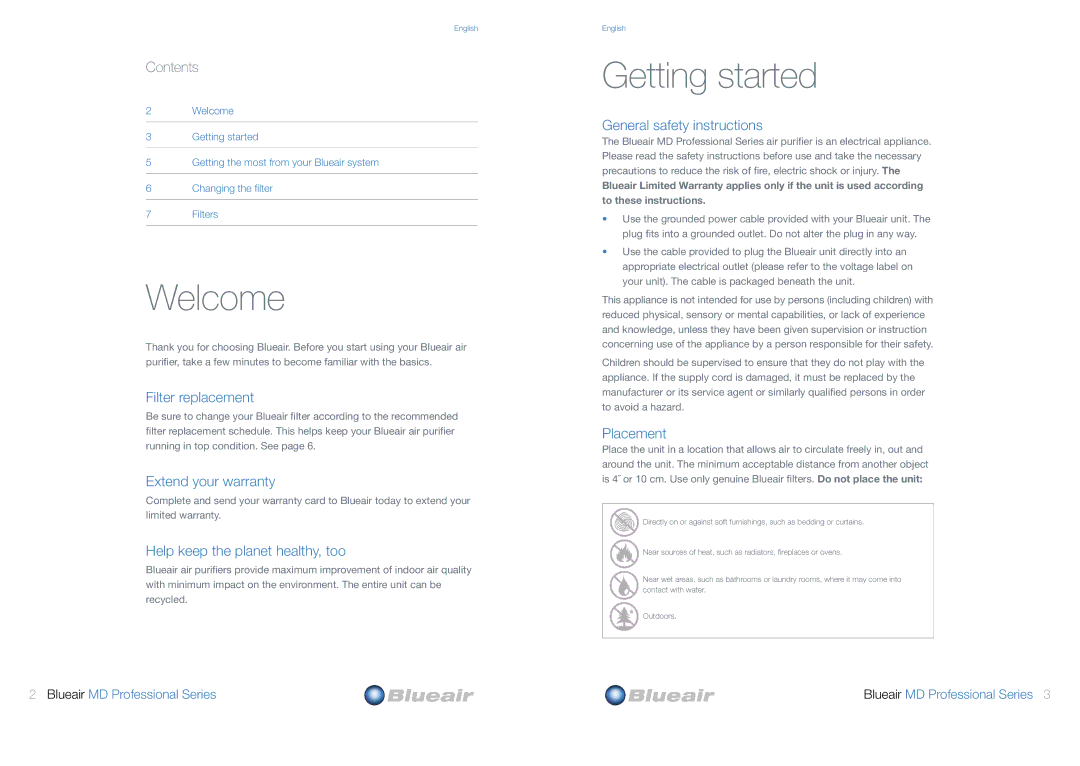 Blueair MD Professional Series user manual Welcome, Contents 