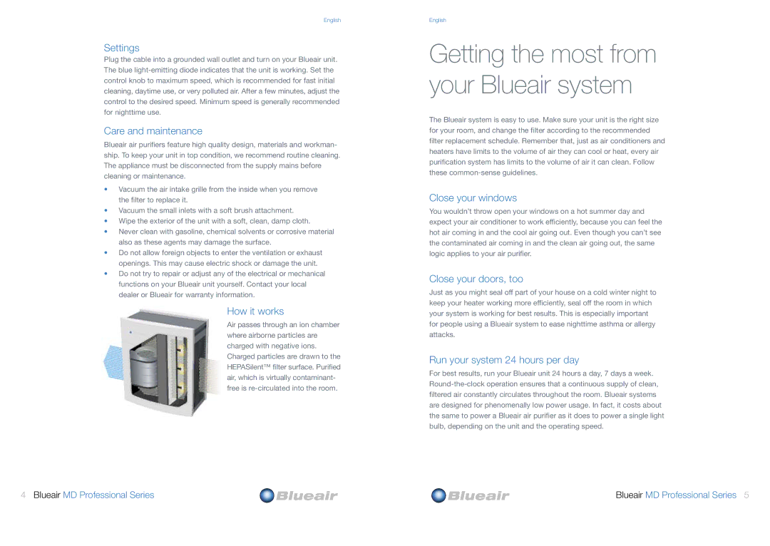 Blueair MD Professional Series Settings, Care and maintenance, How it works, Close your windows, Close your doors, too 