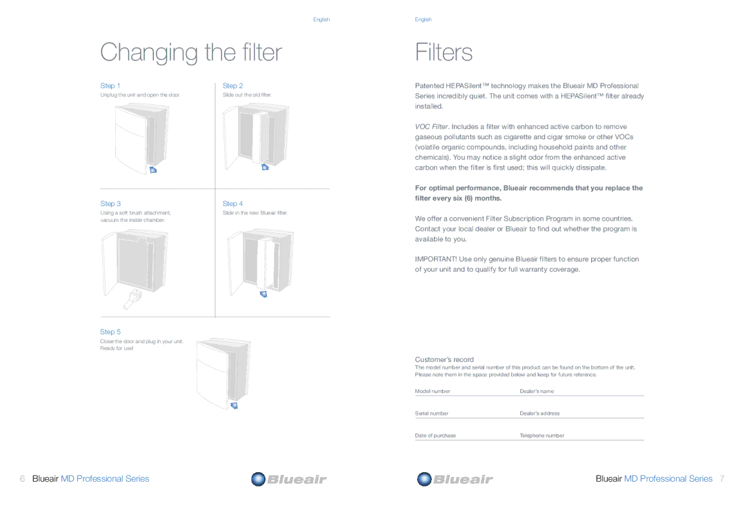 Blueair MD Professional Series user manual Changing the filter 