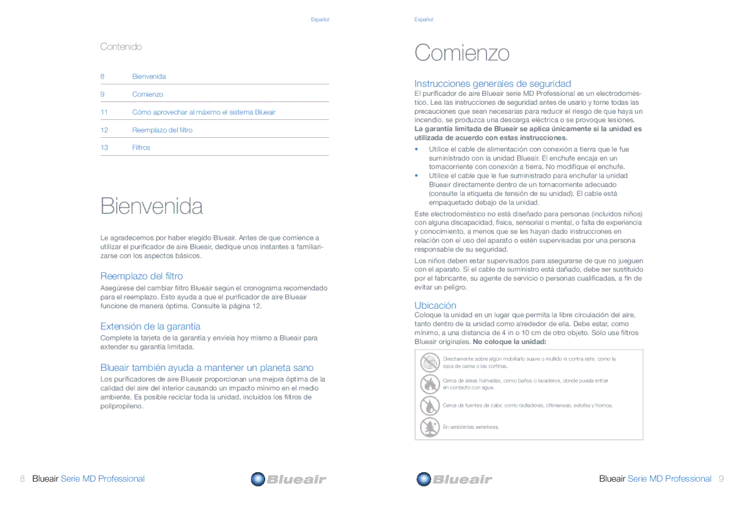 Blueair MD Professional Series user manual Bienvenida, Comienzo, Contenido 