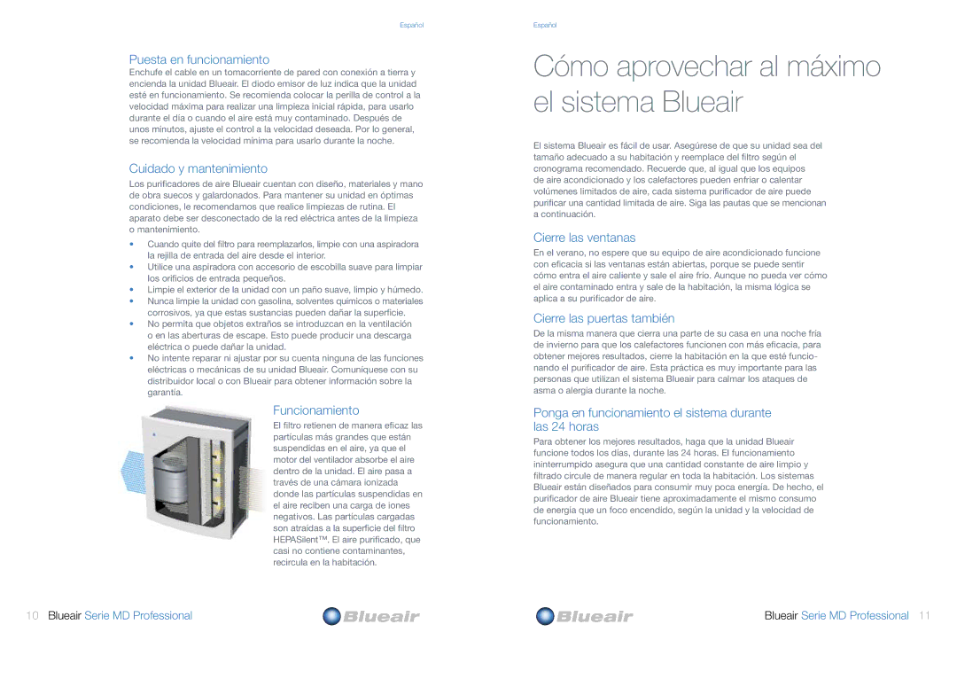 Blueair MD Professional Series user manual Cómo aprovechar al máximo el sistema Blueair 