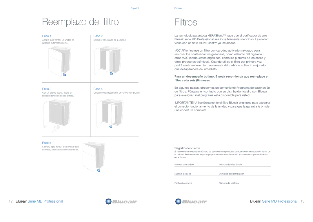 Blueair MD Professional Series user manual Reemplazo del filtro, Filtros 