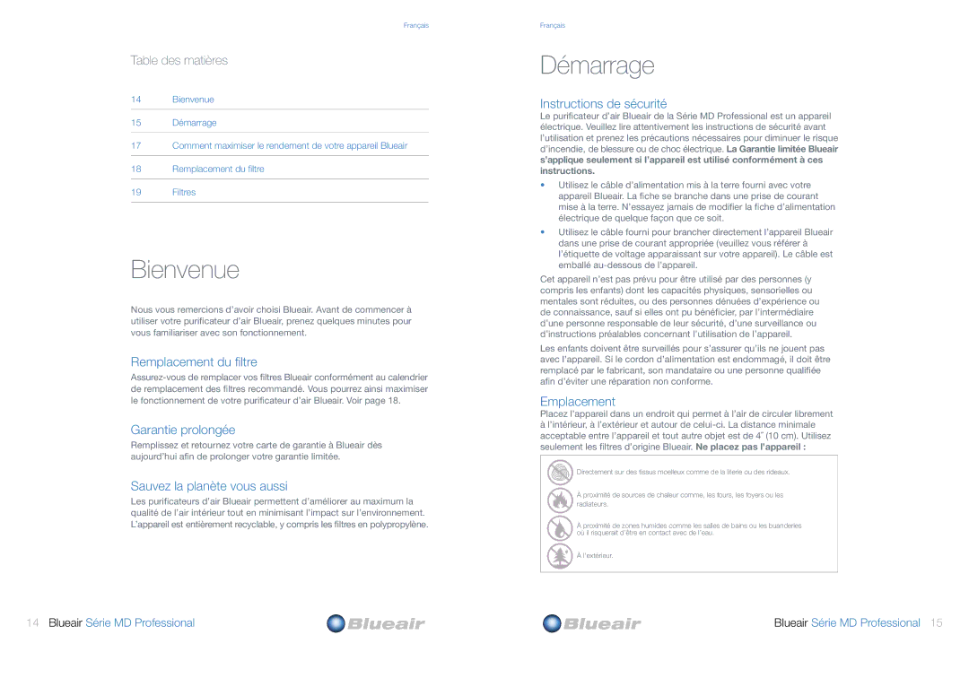 Blueair MD Professional Series user manual Table des matières 