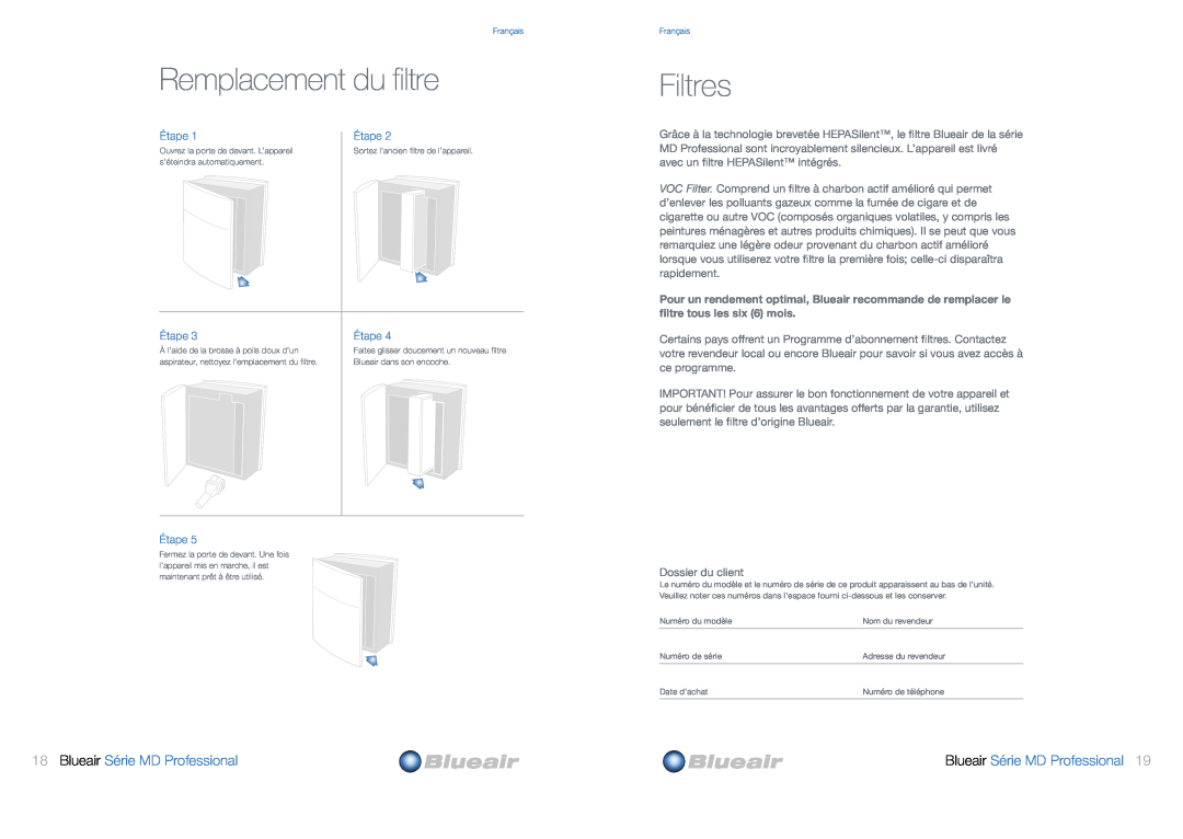 Blueair MD Professional Series user manual Remplacement du filtre, Filtres, Blueair Série MD Professional, Étape 