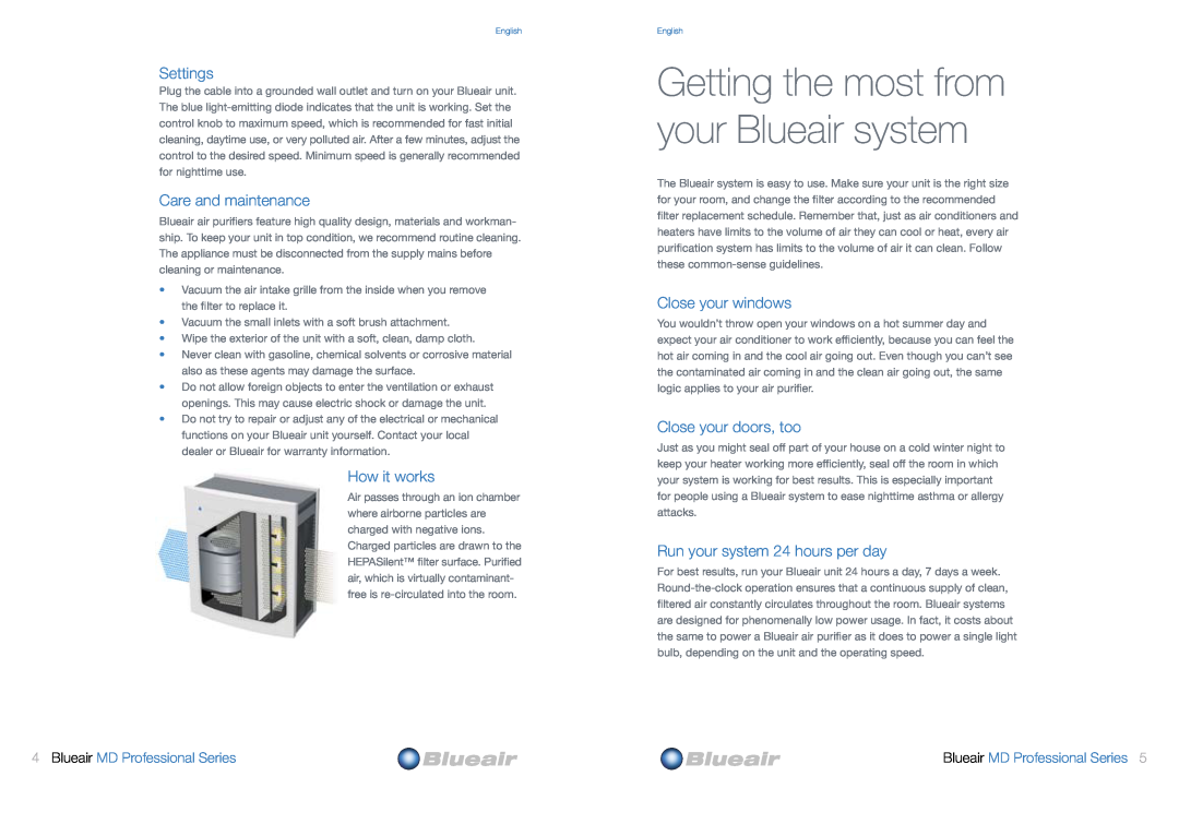 Blueair MD Professional Series Settings, Care and maintenance, How it works, Close your windows, Close your doors, too 