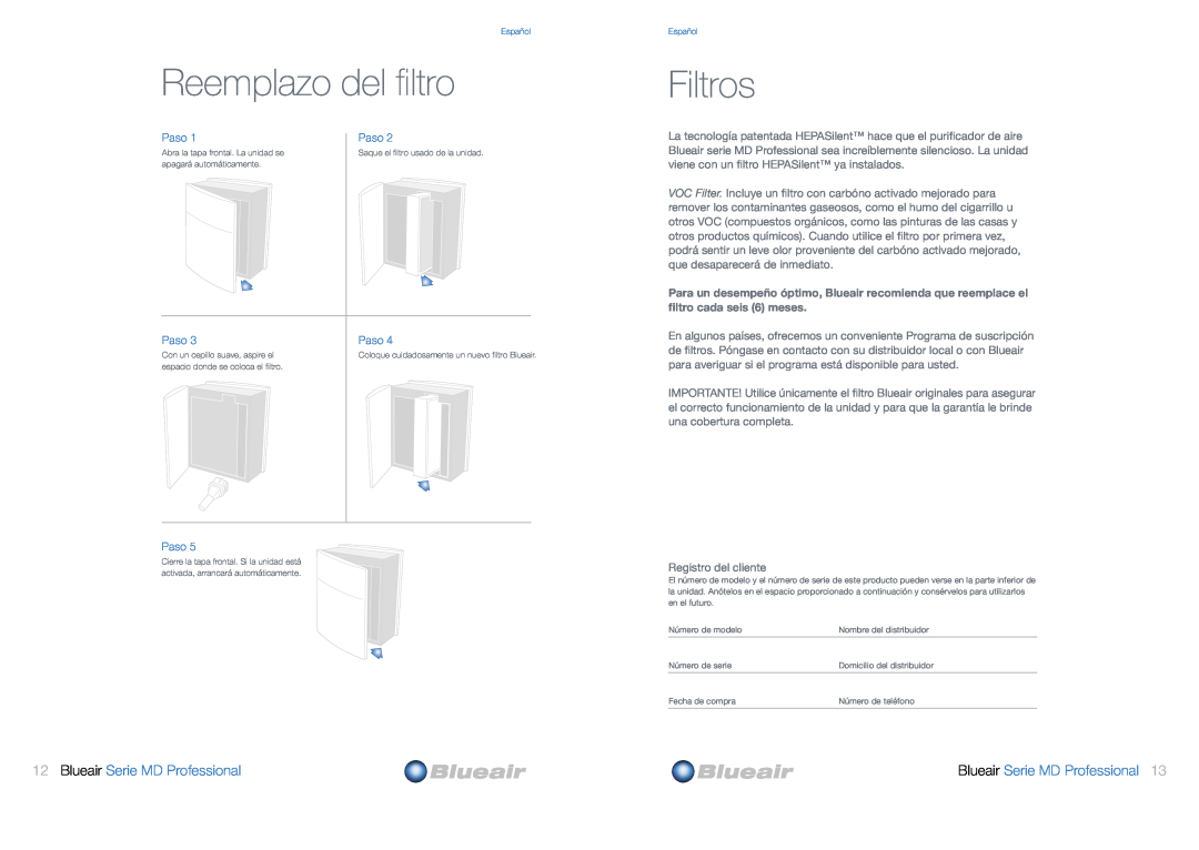 Blueair MD Professional Series user manual Reemplazo del filtro, Filtros, Blueair Serie MD Professional, Paso 