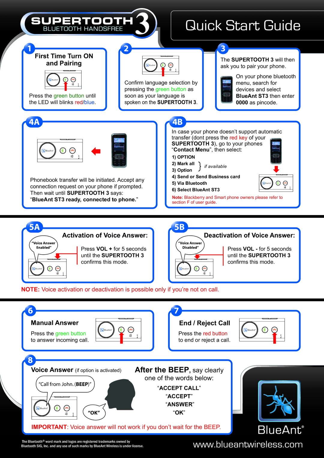 BlueAnt Wireless Sabertooth 3 quick start Quick Start Guide, First Time Turn on Pairing, Activation of Voice Answer 