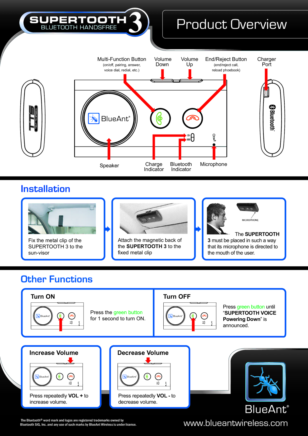 BlueAnt Wireless Sabertooth 3 quick start Product Overview, Turn on Turn OFF, Increase Volume Decrease Volume 