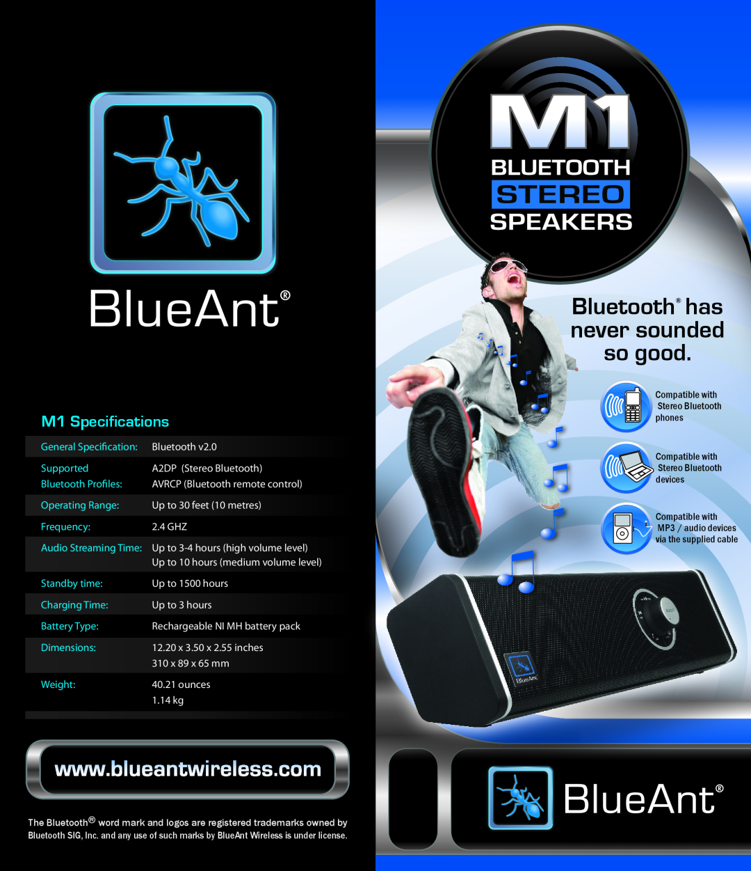 BlueAnt Wireless specifications Bluetooth has never sounded so good, M1 Specifications 