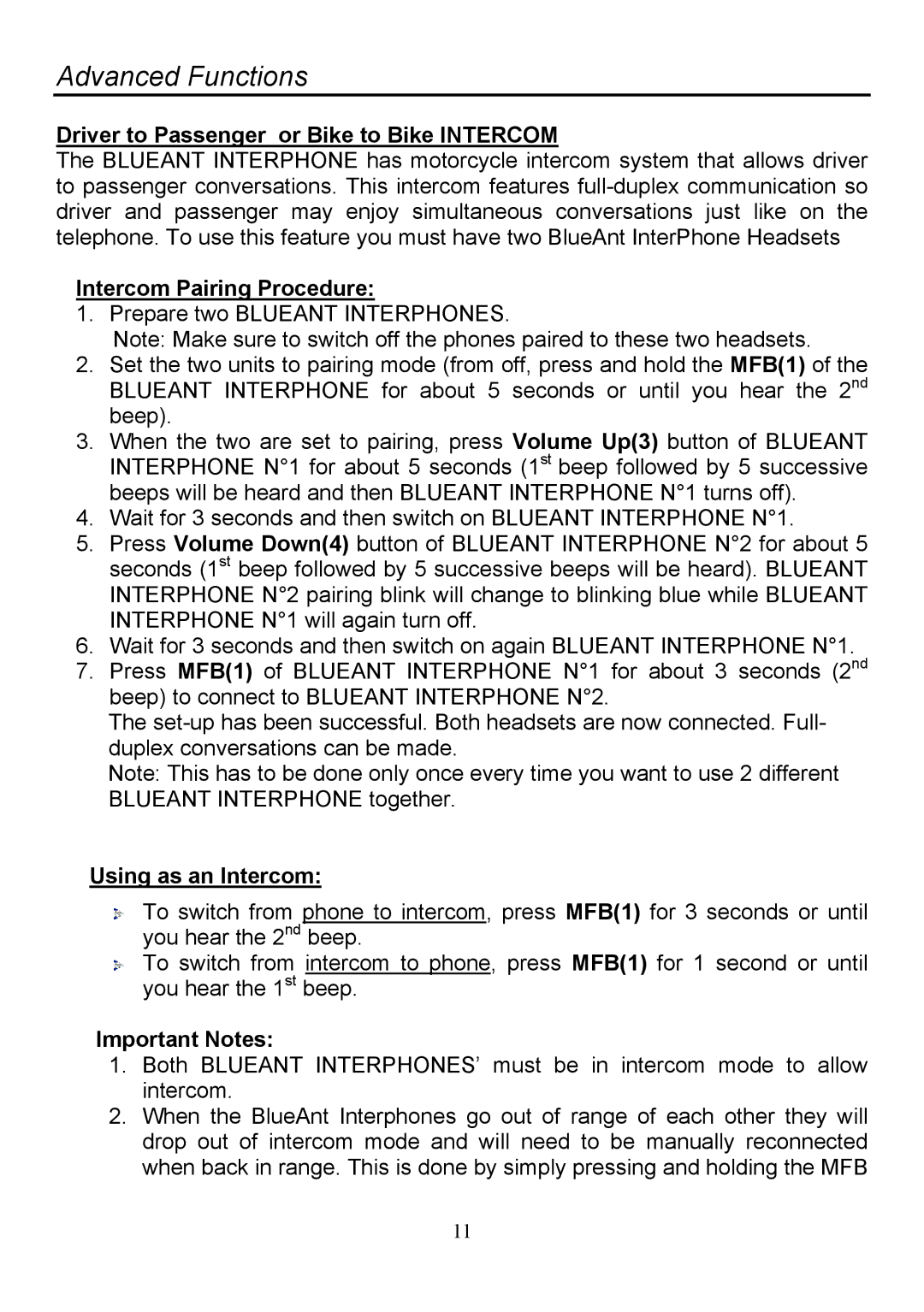 BlueAnt Wireless none manual Advanced Functions, Driver to Passenger or Bike to Bike Intercom, Intercom Pairing Procedure 