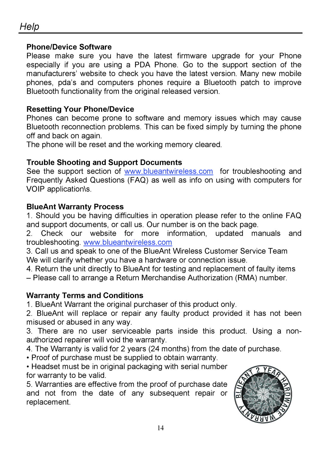 BlueAnt Wireless none manual Help, Phone/Device Software, Resetting Your Phone/Device, Warranty Terms and Conditions 