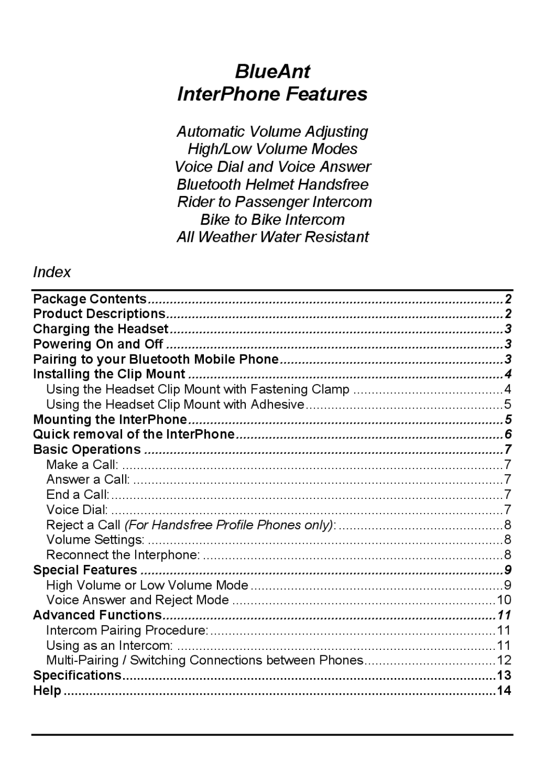 BlueAnt Wireless none manual Rider to Passenger Intercom, Index, Specifications Help 