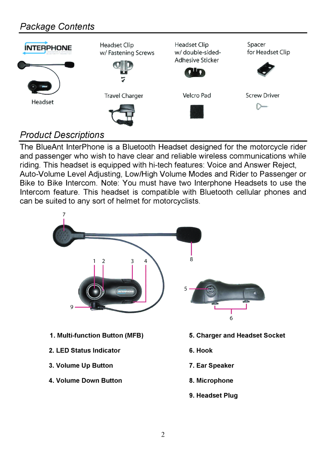 BlueAnt Wireless none manual Package Contents Product Descriptions 