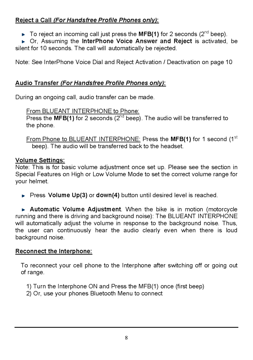 BlueAnt Wireless none manual Volume Settings, Reconnect the Interphone 