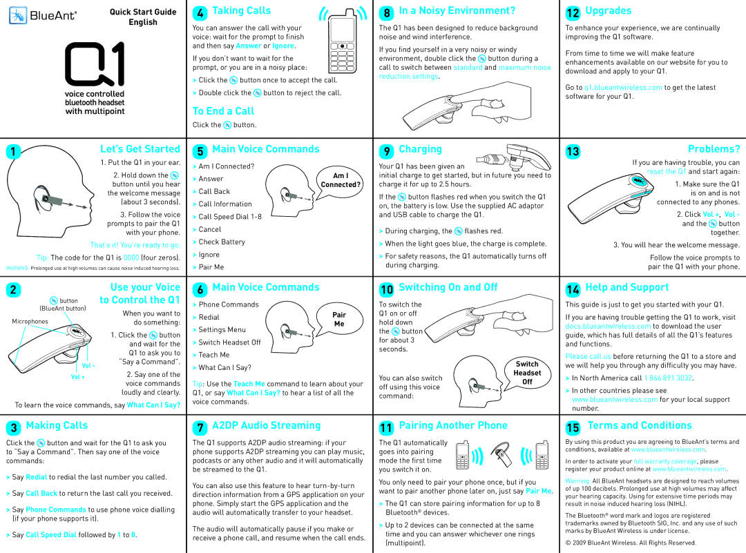 BlueAnt Wireless Q1 quick start Taking Calls, To End a Call, A Noisy Environment?, Upgrades, Use your Voice, Making Calls 