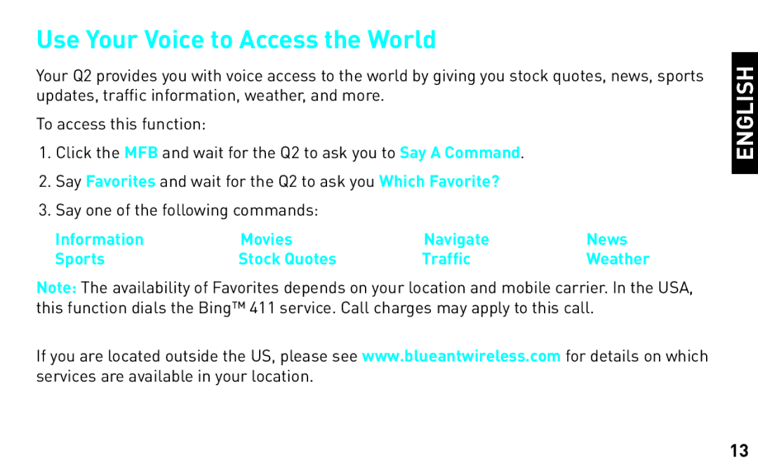 BlueAnt Wireless Q2 manual Use Your Voice to Access the World 