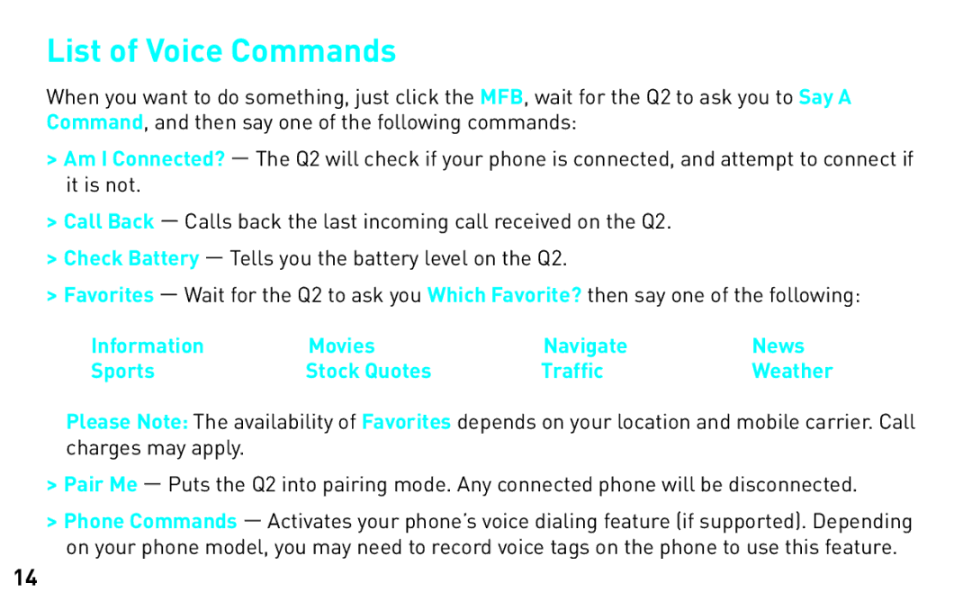 BlueAnt Wireless Q2 manual List of Voice Commands 