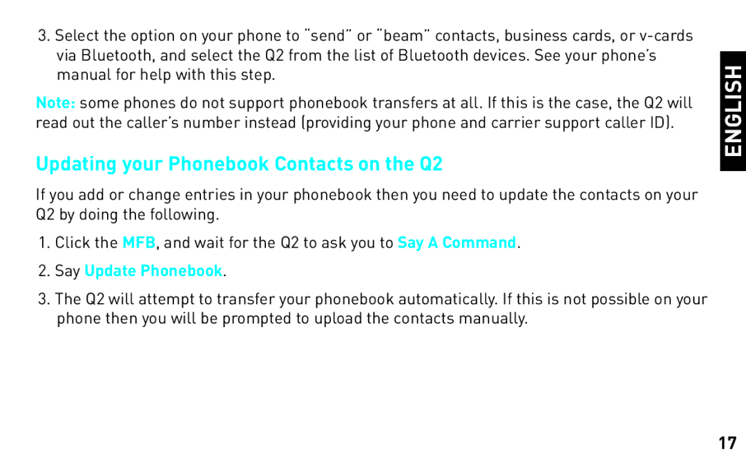 BlueAnt Wireless manual Updating your Phonebook Contacts on the Q2, Say Update Phonebook 