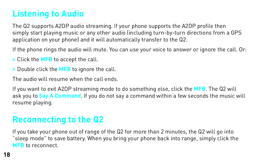 BlueAnt Wireless manual Listening to Audio, Reconnecting to the Q2 