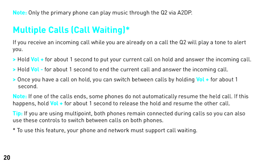 BlueAnt Wireless Q2 manual Multiple Calls Call Waiting 