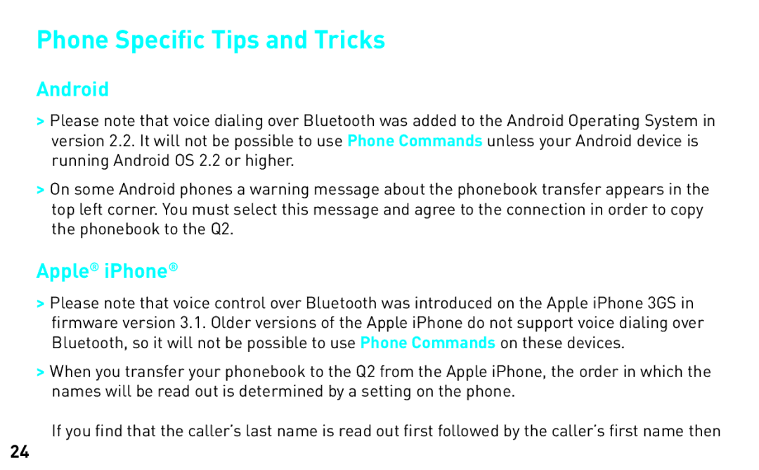 BlueAnt Wireless Q2 manual Phone Speciﬁc Tips and Tricks, Apple iPhone 