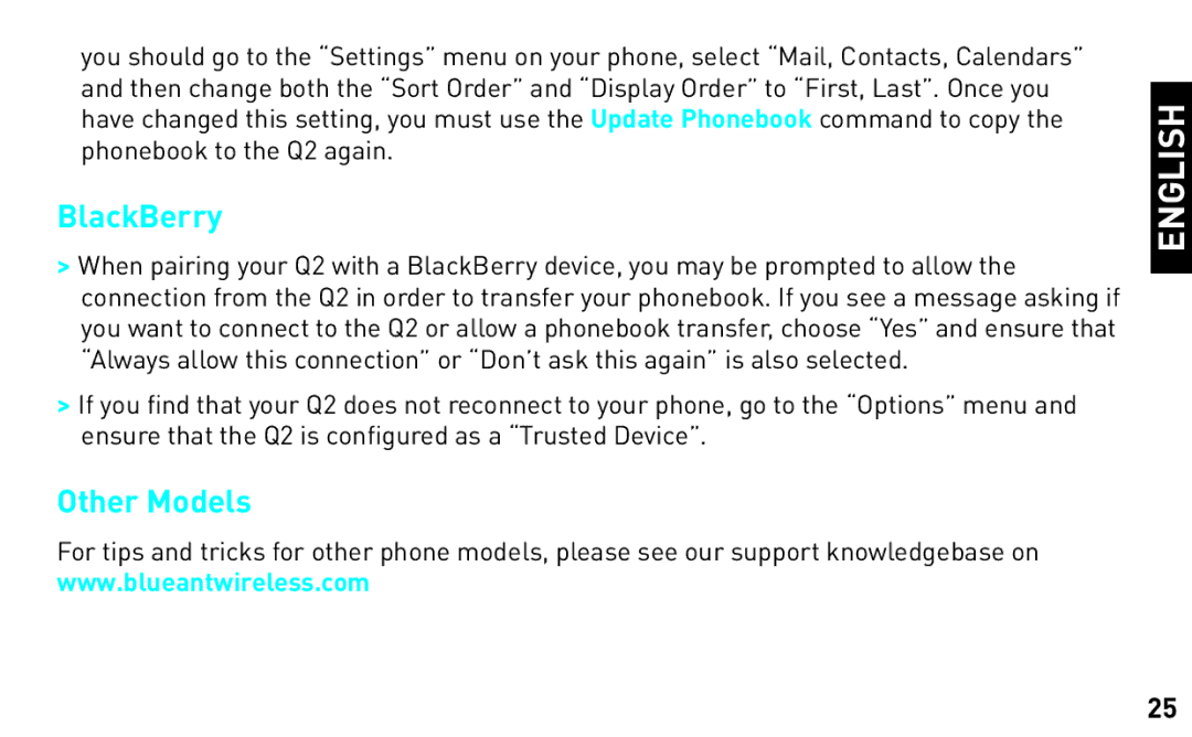 BlueAnt Wireless Q2 manual BlackBerry, Other Models 