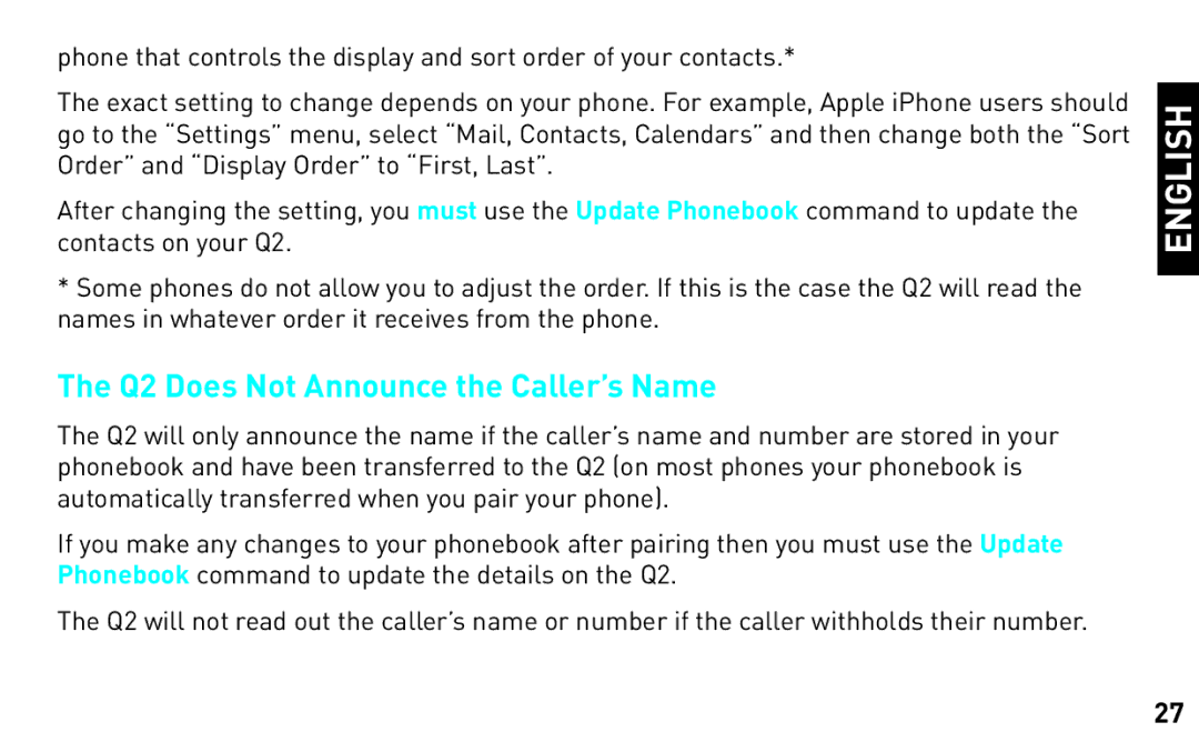 BlueAnt Wireless manual Q2 Does Not Announce the Caller’s Name 