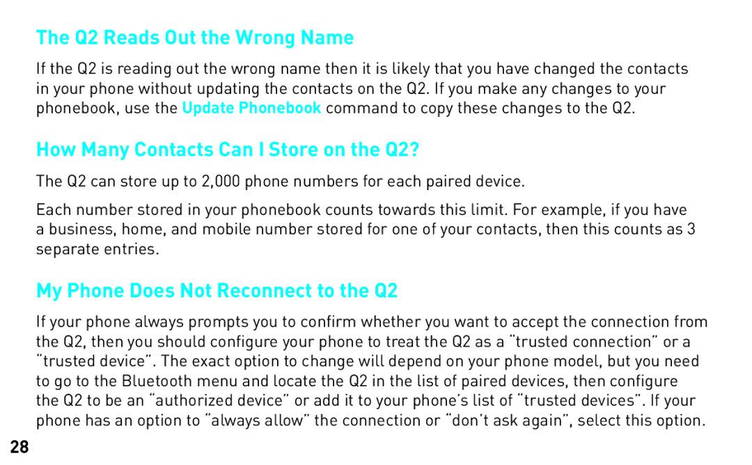 BlueAnt Wireless manual Q2 Reads Out the Wrong Name, How Many Contacts Can I Store on the Q2? 