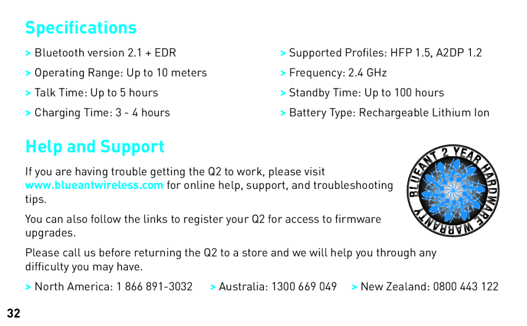 BlueAnt Wireless Q2 manual Speciﬁcations, Help and Support 