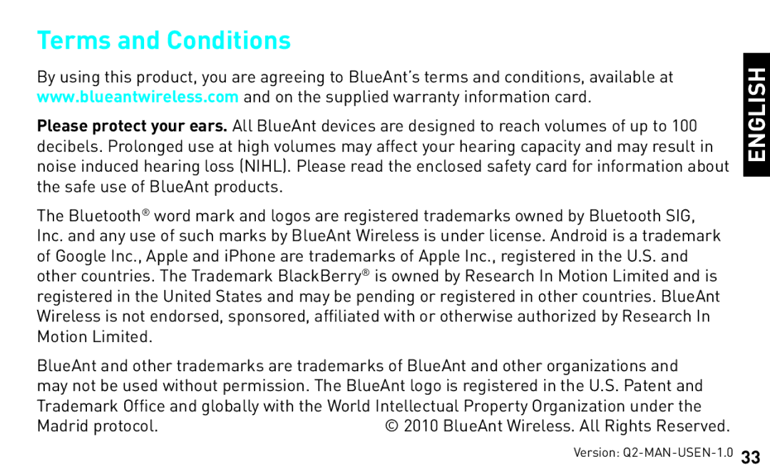 BlueAnt Wireless Q2 manual Terms and Conditions 