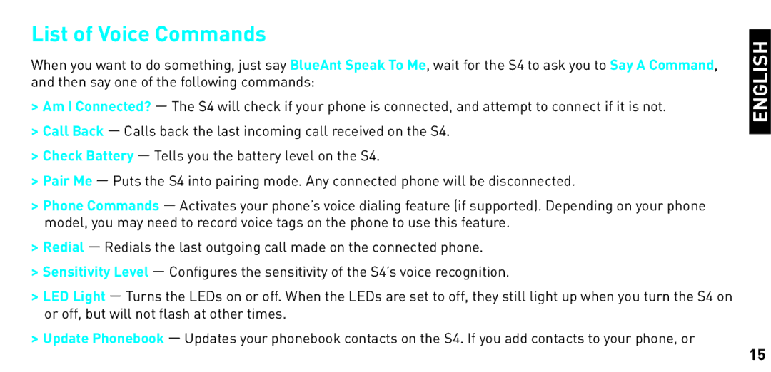 BlueAnt Wireless S4 manual List of Voice Commands 