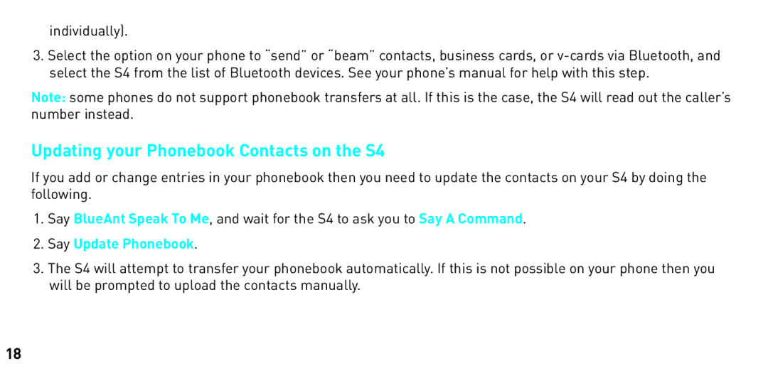 BlueAnt Wireless manual Updating your Phonebook Contacts on the S4, Individually 