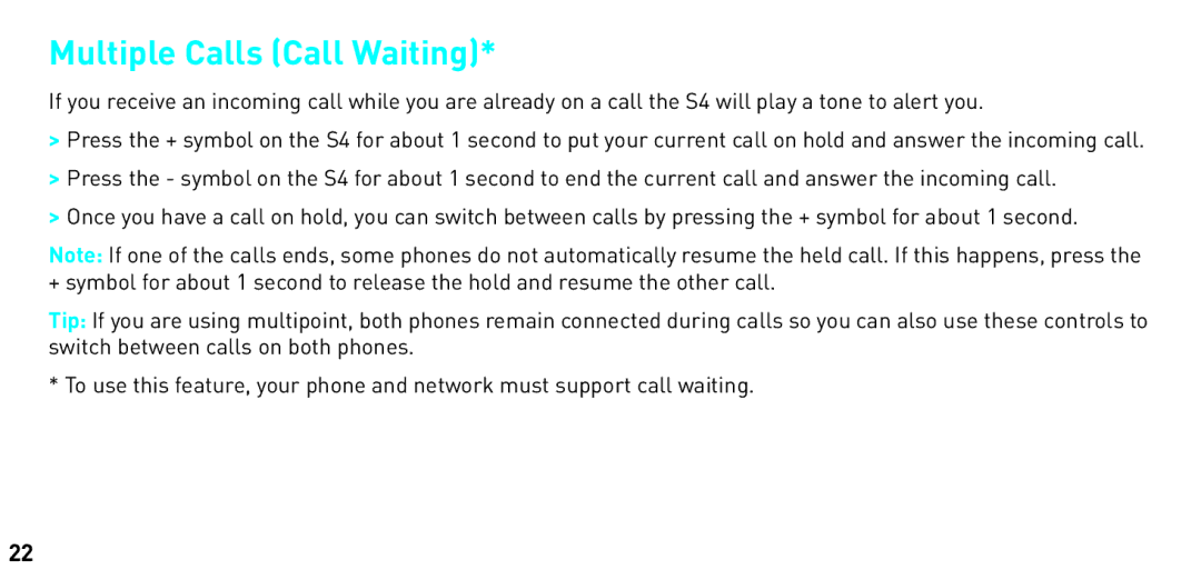 BlueAnt Wireless S4 manual Multiple Calls Call Waiting 