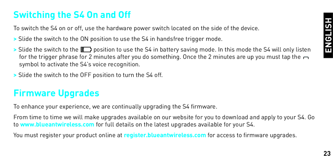 BlueAnt Wireless manual Switching the S4 On and Off, Firmware Upgrades 