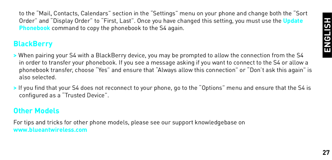 BlueAnt Wireless S4 manual BlackBerry, Other Models 