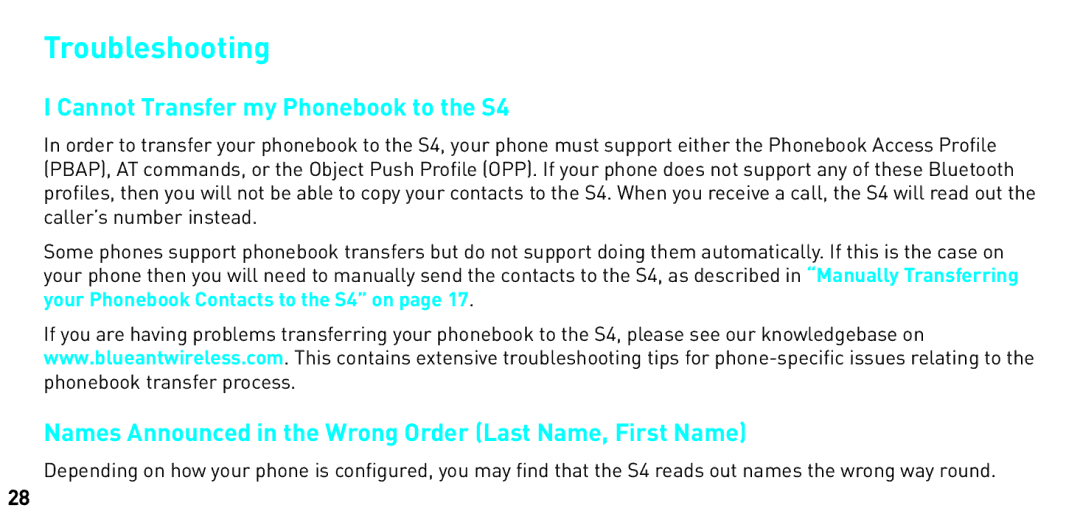 BlueAnt Wireless manual Troubleshooting, Cannot Transfer my Phonebook to the S4 