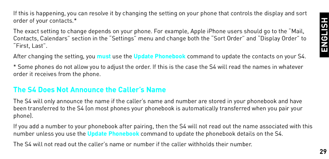 BlueAnt Wireless manual S4 Does Not Announce the Caller’s Name 