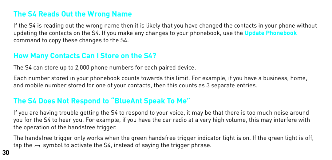 BlueAnt Wireless manual S4 Reads Out the Wrong Name, How Many Contacts Can I Store on the S4? 