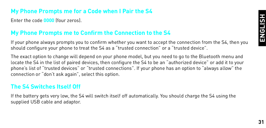 BlueAnt Wireless manual My Phone Prompts me for a Code when I Pair the S4, S4 Switches Itself Off 