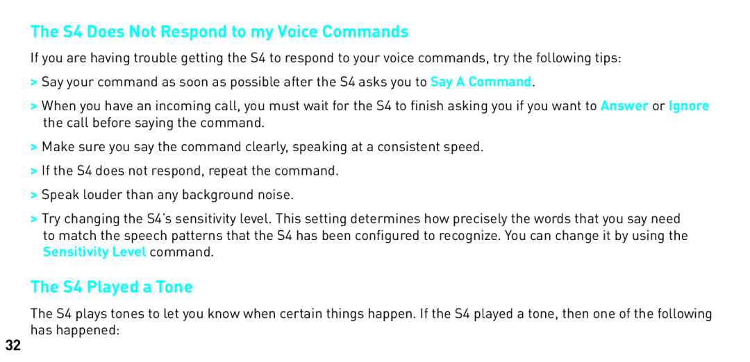 BlueAnt Wireless manual S4 Does Not Respond to my Voice Commands, S4 Played a Tone 