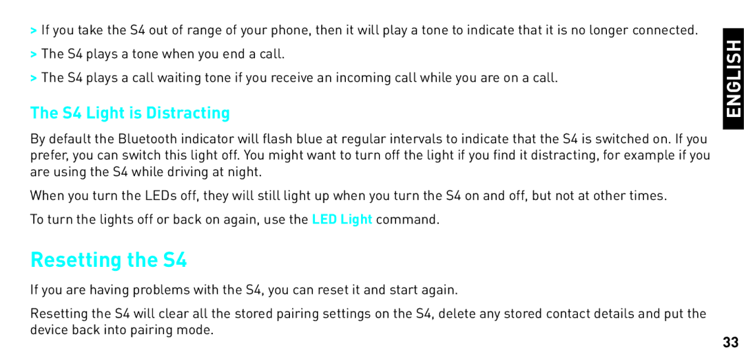 BlueAnt Wireless manual Resetting the S4, S4 Light is Distracting 