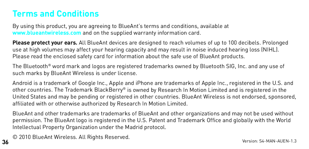 BlueAnt Wireless S4 manual Terms and Conditions 